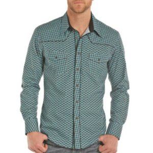 Rock & Roll Cowboy Teal Print Long Sleeve Snap